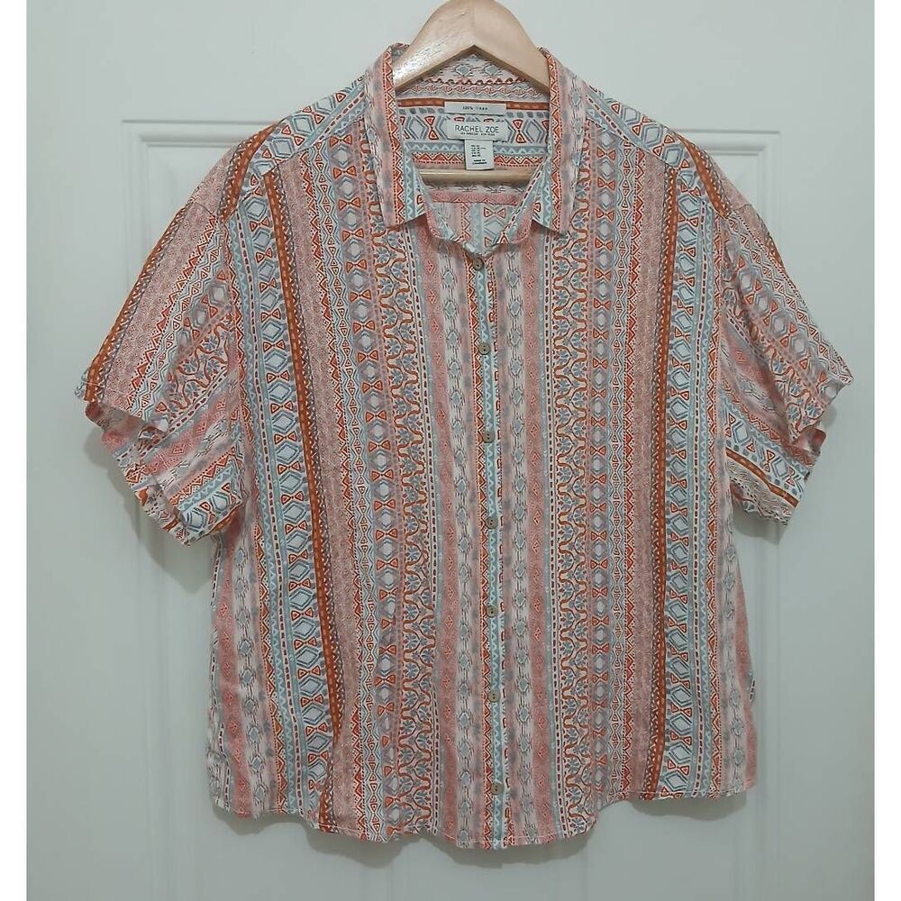 Rachel Zoe womens xl boxy 100% linen shirt blouse geometric coral pink